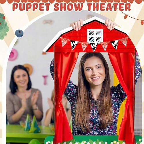 Yuntau Wooden Tabletop Puppet Theater with Curtains, Puppet Show Stage, Imaginative Play Theatre, Inspires Imagination and Creativity, 17.7 x 5.9 x 22.1 Inches(Farm)
