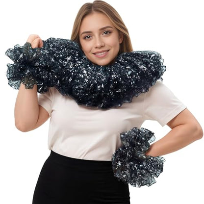 Renaissance Victorian Ruffle Collar and Wrist Cuffs Set Clown Neck Collar Layered Tulle Collar Cuffs - color: Black