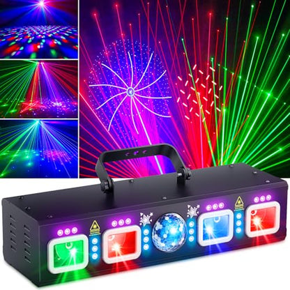 KeoBin DJ Lights for Parties, Pro 6 in 1 DMX & Sound Activated Laser Light Show Machine with Disco Ball Light, RGBW & UV Strobe Party Lights Indoor for Rave Club Dance Bar Gig DJ Lighting | Disco Ball Lights, Wide Laser Beams, RGBW+UV Strobes, DMX512, Rem