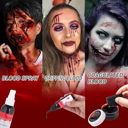 4PCS Fake Blood Makeup Kit, Washable Fake Blood Spray 2.1oz, Dripping Blood 2.1oz, Coagulated Blood 1.06oz and One Stipple Sponge, Halloween SFX Makeup for Zombie,Vampire and Monster Cosplay - color: Fake Blood Makeup Kit (4 Pieces)