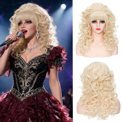 80s Long Curly Vintage Cosplay Wig with Bang Perfect for Women 60s 70s Disco Party or Queens Cosplay Halloween costume Party (Blonde)