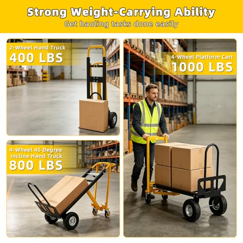 4 in 1 Convertible Hand Truck Dolly, 1000Lbs Capacity, Heavy Duty Folding Hand Truck Dolly Cart with Wheels 10" All-Terrain Tires, Hand Trucks for Logistics, Home, Office, School, Yellow - color: Yellow