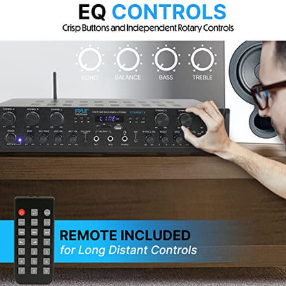 Pyle Home Audio Amplifier with Bluetooth - 6 Channel 600 Watt Peak Power, Karaoke with Echo, 2 Mic Input with Talkover, Headphone In, USB A MP3 Player with SD Reader - Home, Commercial, Worship - style: 6 Channel