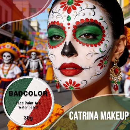 Green White Red World Cup Mexico Flag Face Body Paint Set, Face Painting Kit with Paintbrushes for Halloween Day of the Dead Catrina Makeup Clown Skull Tribal Warrior Christmas Elf Queen SFX Make-up - color: Mexico Flag/Catrina