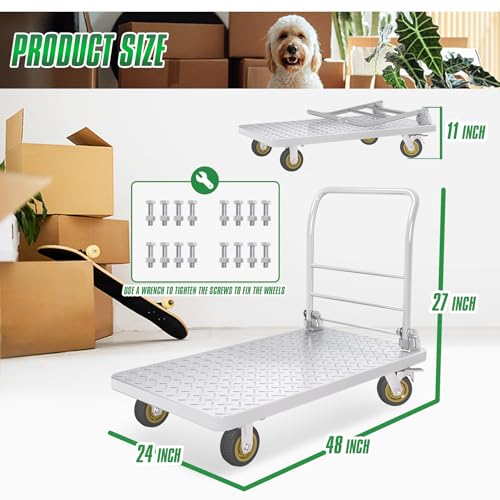 2600lbs Heavy Duty Platform Truck with Brake System (24" x 48") | Push Cart Dolly Foldable Flatbed Cart with 5'' Swivel Wheels Large Steel Platform Dolly Cart for Groceries, Garage, Warehouse - color: Silver - 48"x24" - 2600 Lbs