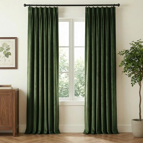 NICETOWN 94 Inch Length Adjustable Velvet Curtains, Olive Green Room Darken Noise Reduce Pinch Pleat Drape with Hooks and Back Tab, Modern Window Panels for Bedroom Living/Dining Room Office, 2 Panels - color: Olive Green, size: 40"W x 94"L (Pack of 2)