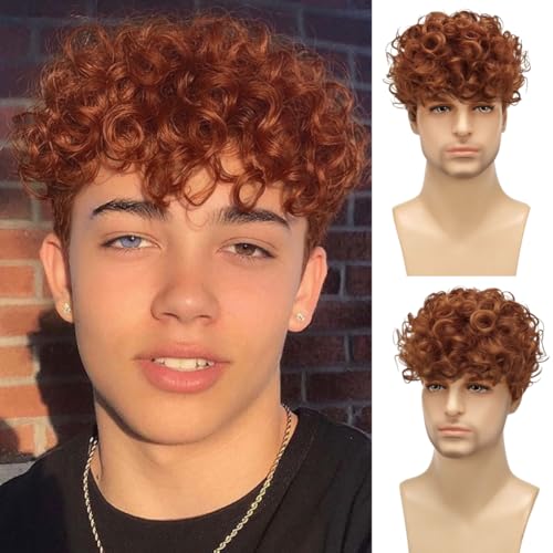 Mens Orange Curly Wigs Short Wig,Synthetic Heat Resistant Costume Wig Mens Daily Cosplay Party Halloween - color: C-Orange