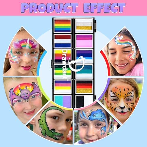 Drawdart Professional Face Painting Kit for Kids Adults, Rainbow Split Cake Face Paint Palette 12 x 10gm+ 4 Colors Pro Pressed Glitter Eyeshadow Palette, with Brushes Sponges Gems Stencils - color: Faerie