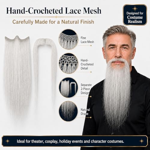 Hand-Tied Human Hair Fake Beard and Mustache for Costumes and Theater | Hand-knotted human hair on lightweight lace creates natural-looking facial hair for costumes, cosplay, theater and film - color: Style 5--white