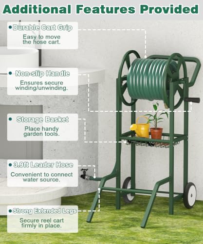 Hose Reel Cart with 2 Wheels, Garden Water Hose Holder Heavy Duty Powder Coated Steel Outdoor Winder Storage Holds 125 ft 5/8" Hoses with Basket and 3.9ft Leader Hose for Backyard, Green - color: Green