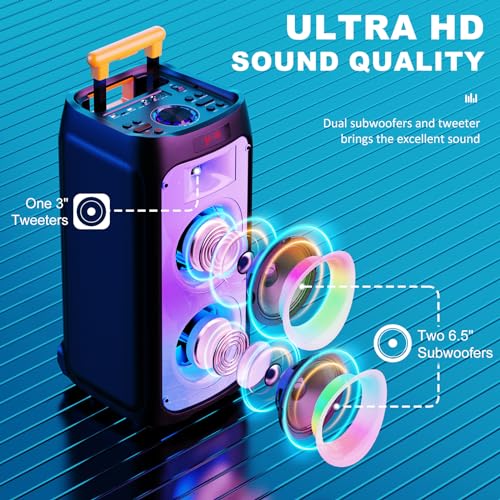 HWWR Karaoke Machine with 2 Wireless Microphones, Big Bluetooth Party Speaker with 500W Peak Power for Adults, PA System with Rolling Wheels and Trolley, Perfect for Outdoor, Home Party, Gatherings - color: BLACK