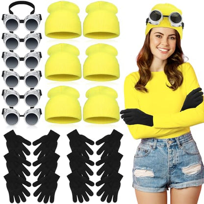 18 Pcs Yellow Cartoon Character Costume Accessory Adult Halloween | Steampunk Yellow Beanie Hat Goggles Gloves Set, Cosplay Themed Dress Up, Group Costume Men Women