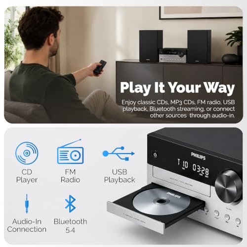 Philips Bluetooth Stereo System for Home with CD Player, Bluetooth 5.4 & Auracast, Upgraded 80W Stereo Sound, MP3, USB, Audio in, FM Radio, Bass Reflex Speaker, Remote Control Included - size: 80W Stereo System