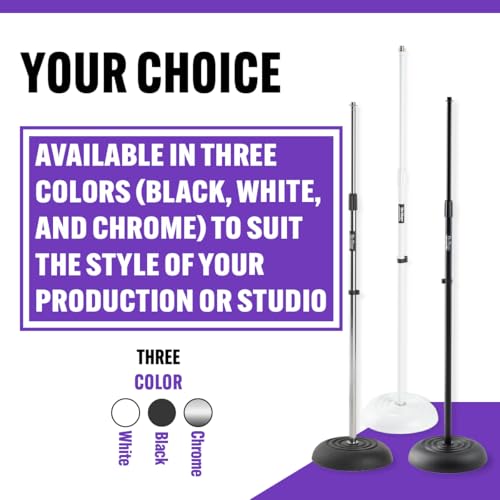 On-Stage MS7201B Round-Base Mic Stand (Supports Dynamic and Condenser Microphones, Height Adjustable 33"–60", Standard 5/8"-27 Threading, 7 lb, 10" Metal Base, Rubber Feet, Cable-Management Clip) | 7 lb weighted base with die-cast zinc clutch and 5/8-27 t
