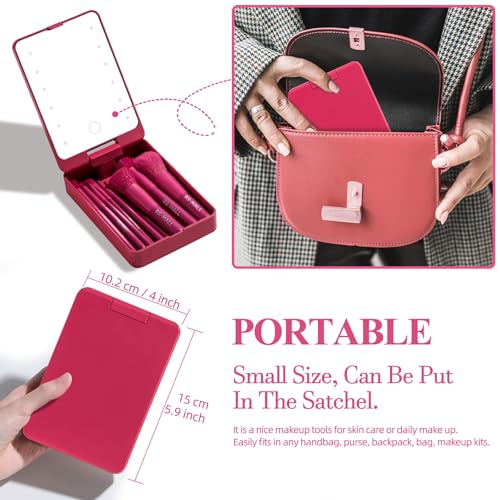 BS-MALL Travel Makeup Brush Set Foundation Powder Concealers Eye Shadows Makeup Set with LED light Mirror 14 Pcs (HotPink) - color: HotPink
