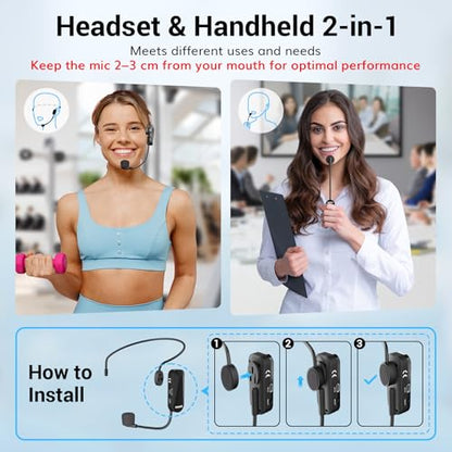 TONOR Wireless Headset Microphone, 2 in 1 UHF Over-Ear Mic System with 20 Channels, 65ft Range Handheld Microfono for Teaching, Fitness, Tour Guide, Compatible with PA, Voice Amplifier, Speaker, TW100