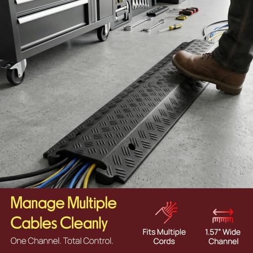 Pyle Durable Cable Protection Ramp Cover - Supports 11000lbs Single Channel Heavy Duty Hose and Cord Track Floor Protection, 39.4” x 5.11” x 0.78” Cable Concealer for Indoor Outdoor Use