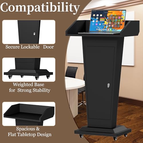 MOOFI Heavy-Duty Black Metal Podium Stand with Lockable Wheels | Mobile Lectern with Storage Cabinet & Standard 50.4" Height | for Conference Rooms, Churches, Classrooms & Events - color: Black