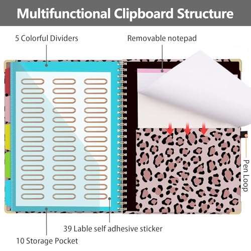 Clipboard Folio with Storage 8.5 X 11 Padfolio Notebook, Clipboards with Notepad Spiral with 10 Pockets and 5 Folders Nursing Teacher School Essentials (Pink Cheetah Spots) - color: Pink Cheetah Spots