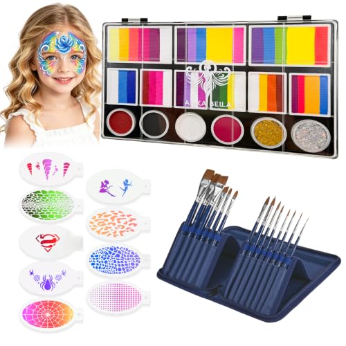 Anka Bella Face Painting Kit for Kids & Adults, Professional Water Activated Face Paint Palette with 14 Brushes, Stencils & Sponges, Non Toxic Hypoallergenic Washable for Drawing Various Flowers - color: BloomArt Palette