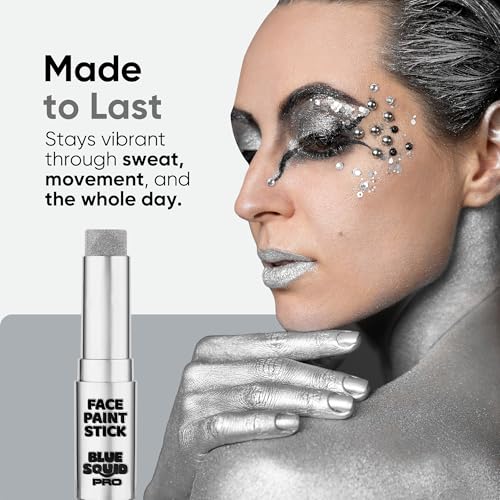 Blue Squid PRO Metallic Silver Face Paint Stick - Waterproof Silver Body Paint Adults & Kids Eye Black Baseball, Eyeblack Softball -Hypoallergenic Twist-Up Non-Toxic Makeup Stick Cosplay, Sports & SFX - color: Metallic Silver