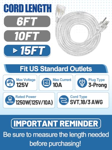 Alphatool 3 Prong Clear Extension Cord, 15 FT | Male to Female, Invisible Indoor Power Cable, 18/3 AWG, 125V 10A 1250W - size: 15 FT