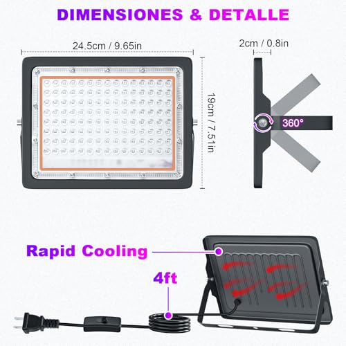 2 Pack 100W LED Black Light, Black Light Flood Light with US Plug & Switch | IP66 Waterproof BlackLight for Glow Party, Glow in The Dark, Halloween, Body Paint, Fluorescent Poster - size: L-120LED