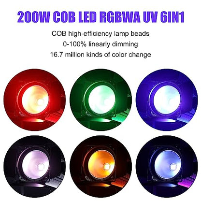 COB Stage Lights with Barn Doors, COB Par Light 200W LED RGBWAUV DMX512 Master-Slave Sound DJ Lighting Spotlight Fresnel for Church Concert Wedding