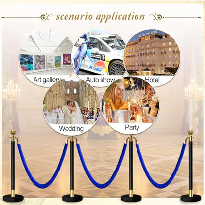 4PCS Blue Velvet Stanchion Rope 5 Ft Crowd Control Ropes Barrier with Gold Hooks for Party - color: Blue&Gold, size: 4PCS