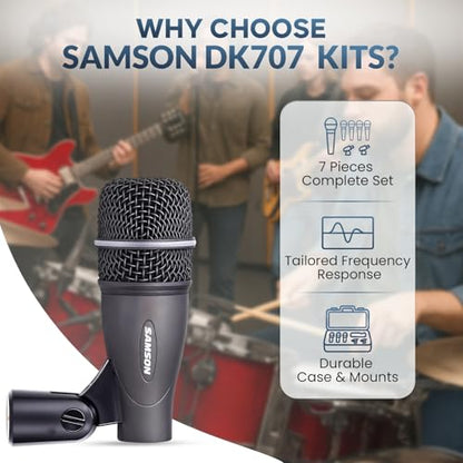 Samson DK707 7-Piece Drum Microphone Kit Bundle with 7 Premium 10-Foot XLR Cables, Swivel Mic Adapters, Rim Clips, Hardshell Carrying Case, and Microfiber Instrument Care Cloth