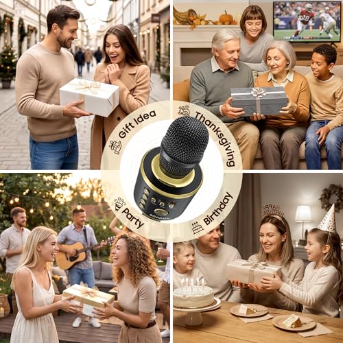 BONAOK Bluetooth Karaoke Microphone, Wireless Mic for Kids Adults to Sing - color: Black Gold
