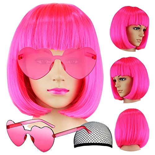LIULIUBTY Short Bob Hair Wigs Straight with Flat Bangs Synthetic Colorful Cosplay Daily Party Neon Wig for Women + Free Wig Cap 14" Natural As Real - color: Pink