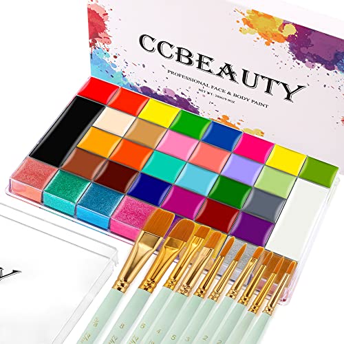 CCbeauty 36 Colors Face Body Paint,Professional Large Face Painting Kit,Neon Face Painting Palette,Oil-Based Non-Toxic Special Effect SFX Makeup Kit,Halloween Costume Cosplay For Adult With 10 Brushes - color: 36 Colors With 10 Brushes