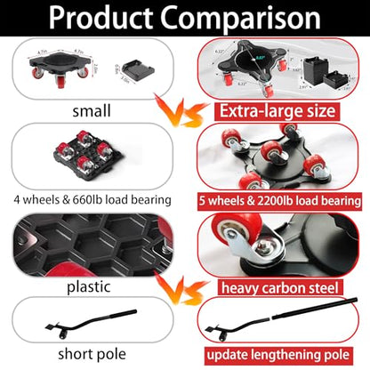 Carbon Steel Furniture Dolly Moving, 2200LBs Capacity Heavy Duty | Anti-tilt, TPE quiet & floor-safe 5 Wheels, for heavy moves fridge, couch, desk, piano, sofa - size: XL 550 lbs each (2,200 lbs total for 4)