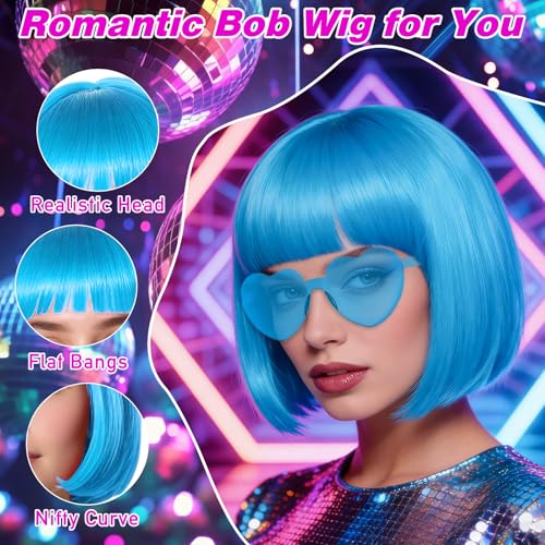 PLULON Light Blue Bob Wig Tutu Heart Sunglasses for Women Costume, Neon Bobs Party Wigs 80s Disco Tulle Skirt for Drag Queen Birthday Theme Bachelorette Party Music Festivals Ballet - color: Light Blue