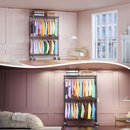 IZEUK Heavy Duty Rolling Garment Rack Wire Clothes Rack for Hanging Clothes (Black, 3 Tier with 2 Rod, 15.7" D x 45.3" W x 79.6" H) - color: Black, size: 3 Tier with 2 Rods, 15.7"D x 45.3"W x 79.6"H