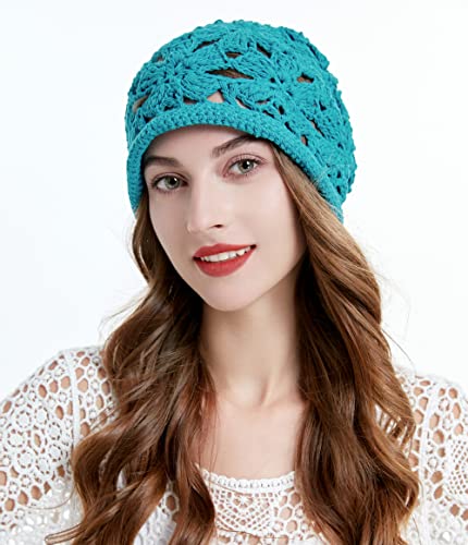 ZLYC Women Cotton Crochet Slouchy Beanie Hat Handmade Knit Summer Skull Cap | Lightweight breathable,boho casual chic look,travel photos festival party,café commute daily wear,beach concert gathering - color: Crochet Peacock Blue