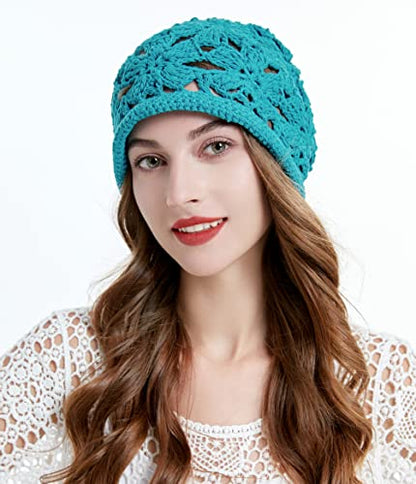 ZLYC Women Cotton Crochet Slouchy Beanie Hat Handmade Knit Summer Skull Cap | Lightweight breathable,boho casual chic look,travel photos festival party,café commute daily wear,beach concert gathering - color: Crochet Peacock Blue