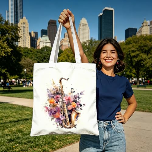 Aesthetic Music Floral Tote Bag for Women, Reusable Canvas Bag with Musical & Botanical Design, Daily Use Gift - color: White-music-007