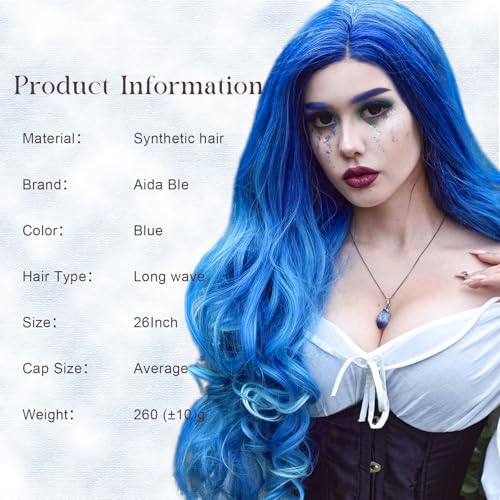 Aida ble Long Wavy Blue Wig for Women 26inch Middle Part Synthetic Wig | Natural Looking Heat Resistant Hair,Suitable for Daily Wear,Party,Halloween and Cosplay,Beginner-friendly Wig - color: Blue