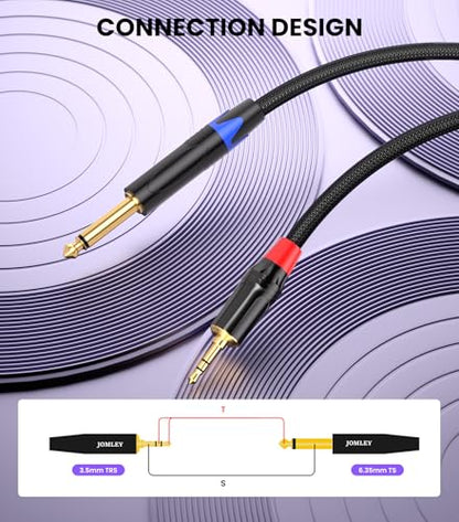 1/4 to 1/8 Stereo Audio Cable Mono to Stereo Patch Cord, 6.6FT | Gold Plated 3.5mm TRS Stereo to 1/4 Inch TS Mono Aux Jack Adapter Cable With Nylon Braid Jacket for Laptop Amplifier - size: 6.6 feet