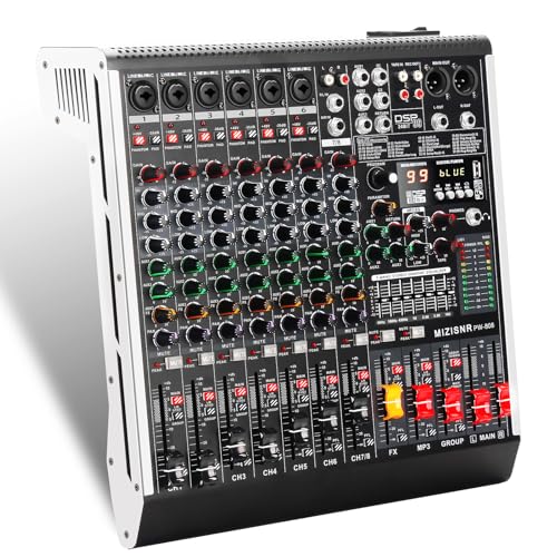8 Channel Audio Mixer Professional Sound Mixing Board with 99 DSP Effects, 7-band EQ Digital DJ Mixer Console w/USB Bluetooth MP3 for Recording, Independent 48V Power & Mute Button - size: 8 Channel - 13.8inch