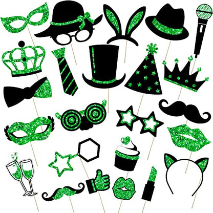 Zonon 24 Pcs Photo Booth Props Set Black Gold Birthday,Green and Black | Props on Sticks for Wedding, Reunion, Prom, Includes Mustache, Hats, Glasses, Ties, Lips, Crowns, Fun Party Accessories - color: Green and Black