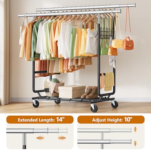 Gewudraw Clothes Rack Heavy Duty Load 900 Lbs With Wheels, Double Rod,Black | Rolling Clothing Rack, Adjustable Height, Extendable Rod, Portable, Collapsible, Shelf, Hooks,for Wardrobe,Bedroom,Commercial - color: Black, style: Double Rod