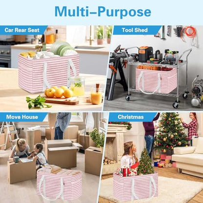 LHZK 2 Pack Utility Tote Bag with Metal Wire Frame and the Sides Rinforced, Large Tote Bag with Handle, Reusable Grocery Bags Foldable, Beach Bag, Car Tote (Pink, 18.5''x11.8''x11.5'') - color: Pink, size: 18.5''x11.8''x11.5''-2 Pack