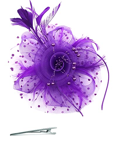 Fascinator Tea Party Hat Women 20s 50s Wedding Cocktail Flower Mesh Feathers Hair Clip for Carnival Halloween - color: A-purple