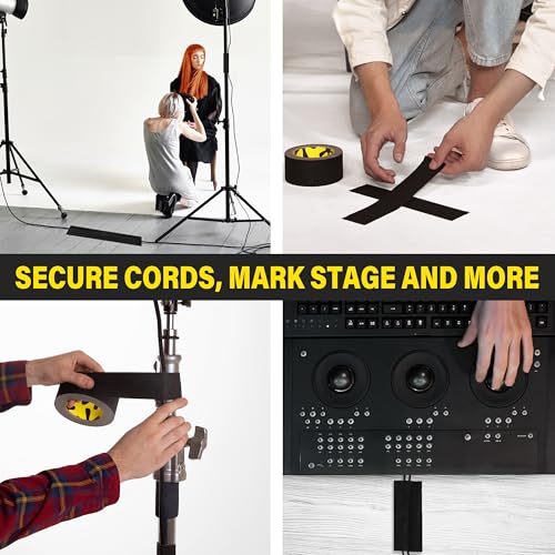 4-Pack Black Gaffers Tape - 2 inch x 30 Yards - Pro Water-Resistant Black Gaff Tape for Cables, Matte, Non-Reflective, Easy Tear by Hand, No Residue, Stage Marking, Photography, Audio, Video Setup