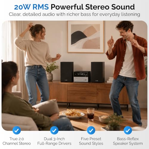 Philips Bluetooth Stereo System for Home with CD Player for Home, Wireless Streaming Bluetooth 5.4 & Auracast, Upgraded 20W Sound, MP3, USB, Audio in, FM Radio, Micro Music Sound System - size: 20W Stereo system