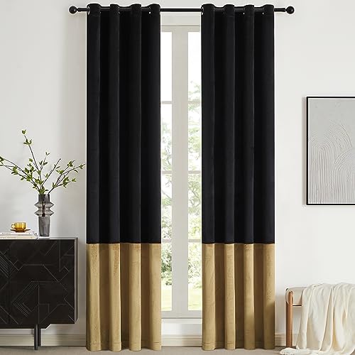 BULBUL Black Gold Color Block Window Curtains Panels 90 inches Long Velvet Farmhouse Drapes for Bedroom Living Room Darkening Treatment with Grommet Set of Black Gold | Living Room Bedroom Window Drapes,Modern Farmhouse,Room Darkening,Thermal Insulated,Gr