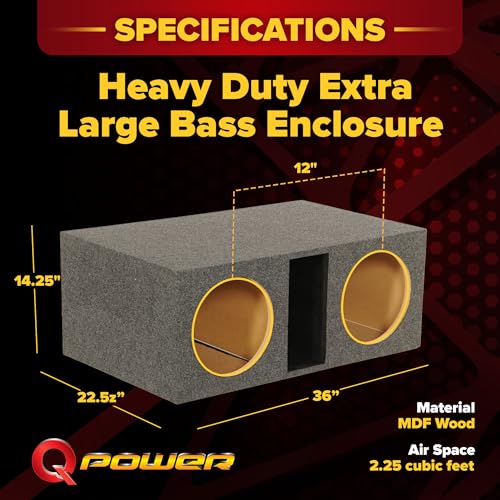 Q Power HD212VL 12 Inch Dual Vented Subwoofer Box, Heavy Duty 2-Hole Extra Large Ported Enclosure with 1-Inch MDF Front, Charcoal Grey Finish - style: Vented - Extra Large